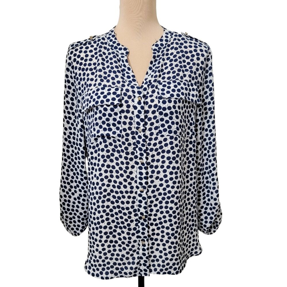 zac & rachel Size L White with Blue "Cherry" Pattern Roll Tab Sleeve Blouse
